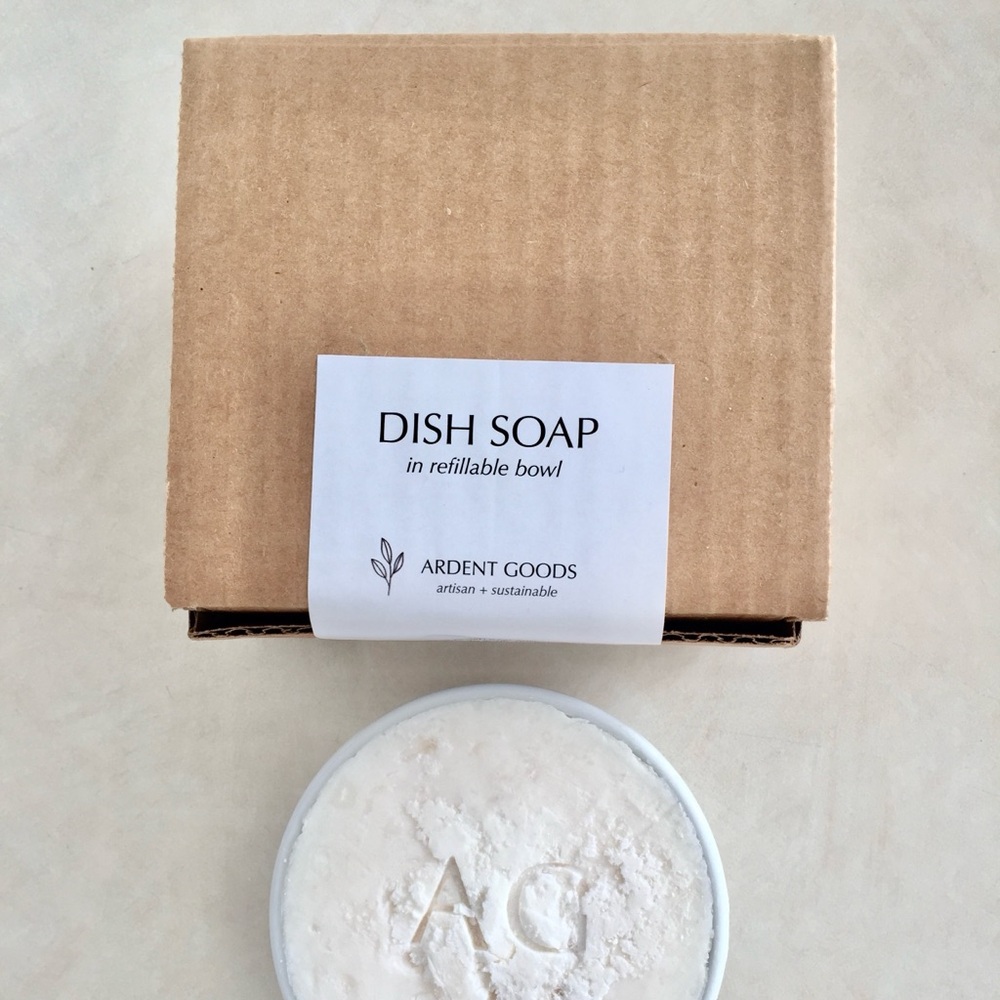 New in box hand poured solid bar dish soap in porcelain bowl